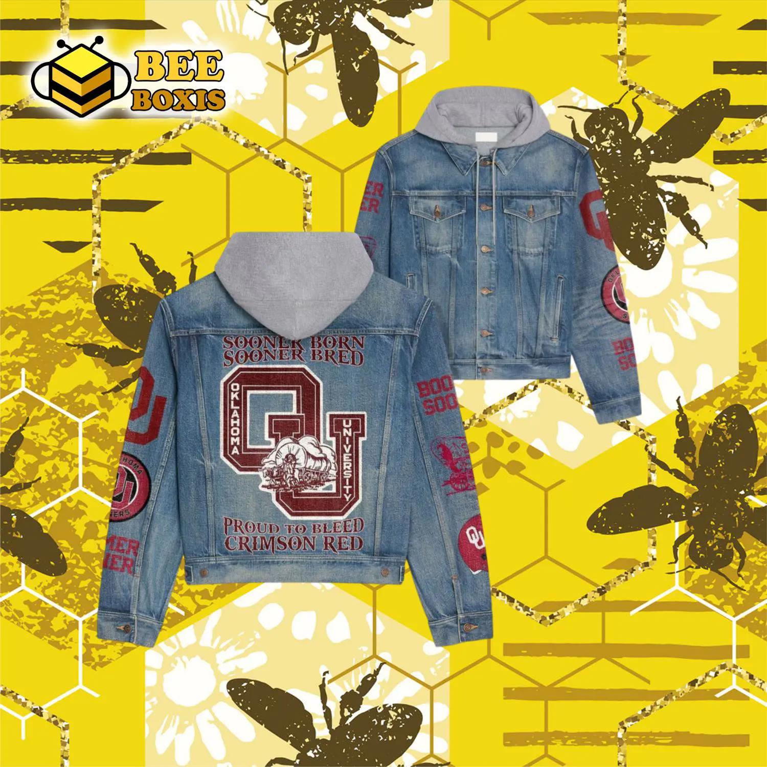 Sooner born sooner bred oklahoma university pround to bleed crimson red design hooded denim jacket.png