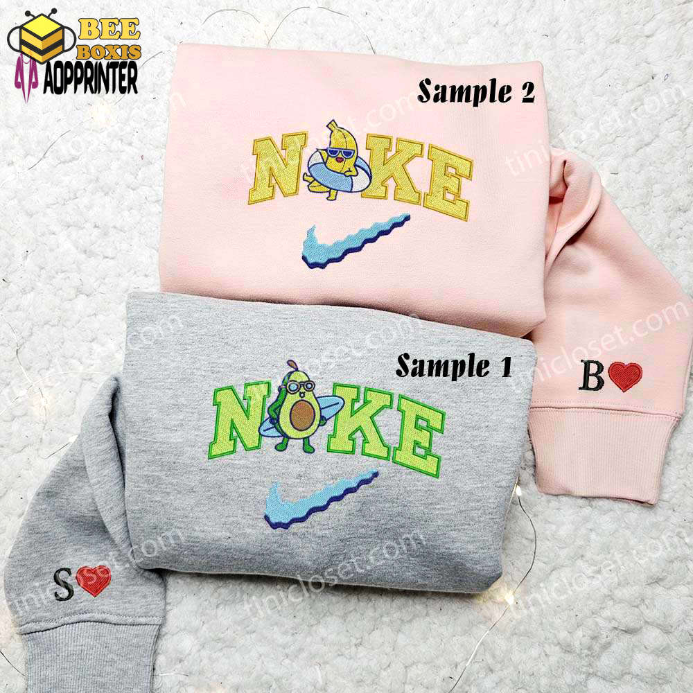 Stylish avocado & banana embroidered couples shirts for perfect matching trendy & fun design