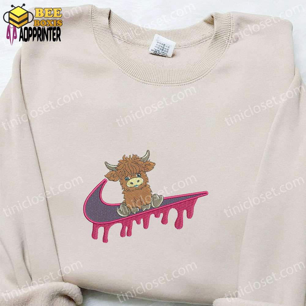 Stylish highland cow embroidered shirt: trendy animal design for a fashionable statement