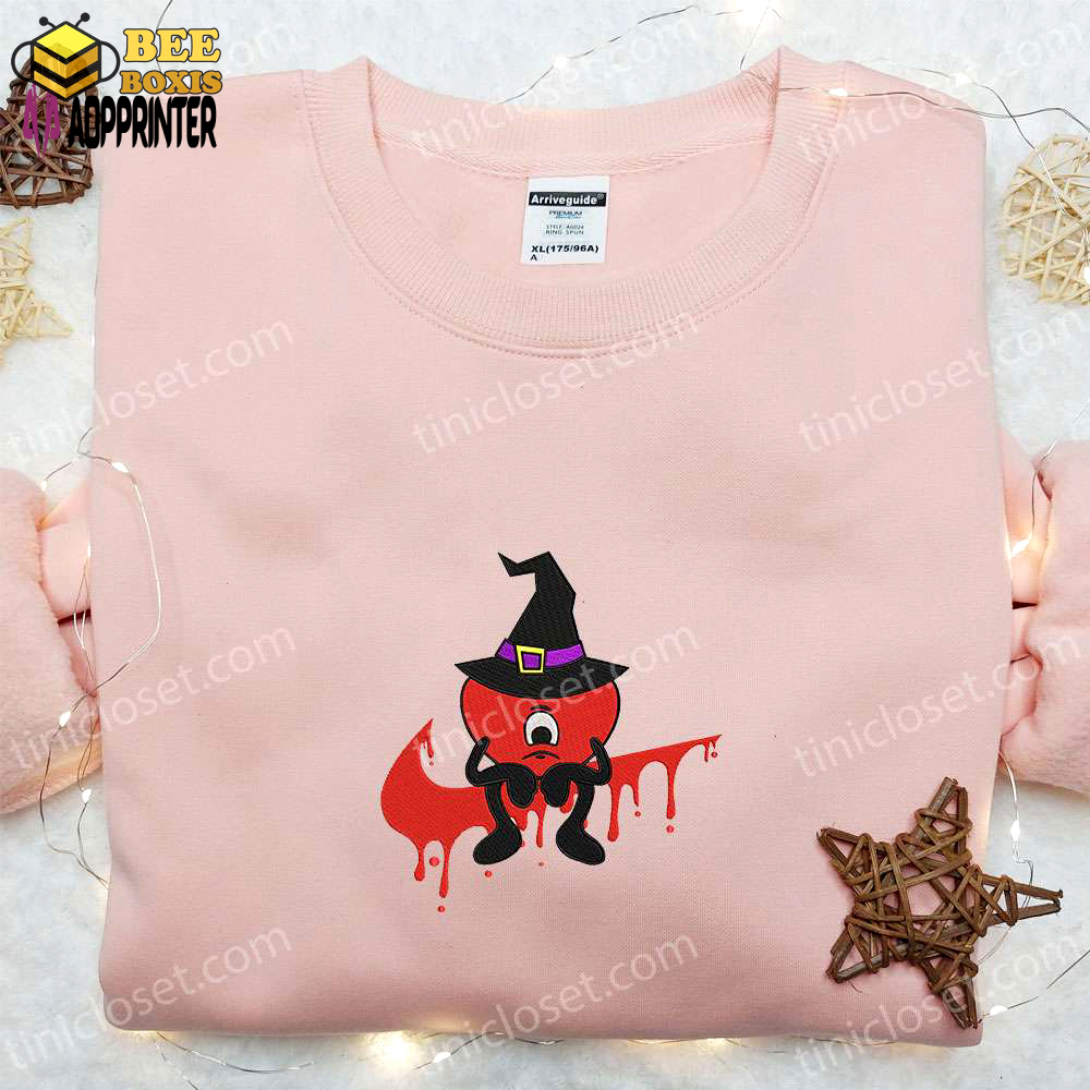 Swoosh sad heart witch bad bunny embroidered t-shirt: best halloween gift ideas for family