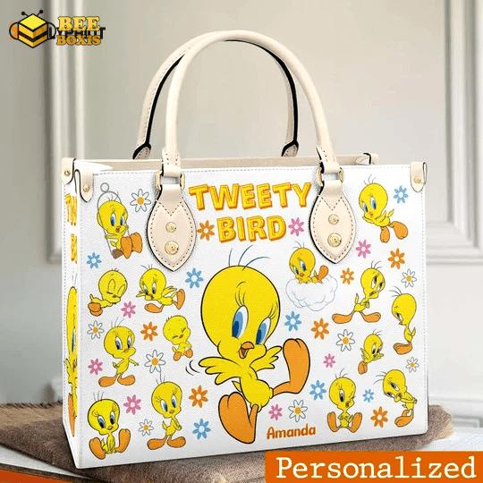 Tweety bird custom name leather handbag gift for women