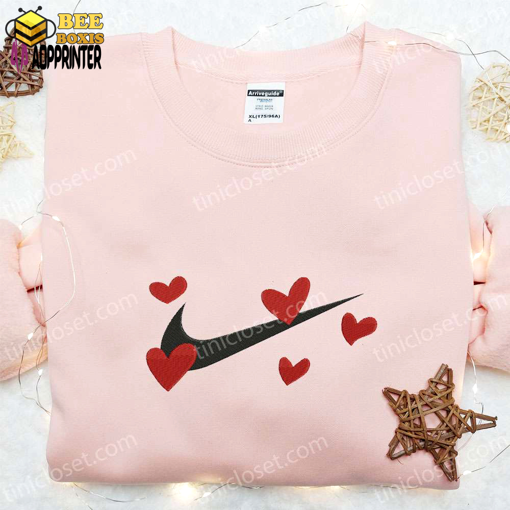 Valentine nike embroidered shirt hoodie & t-shirt: red hearts x nike swoosh design