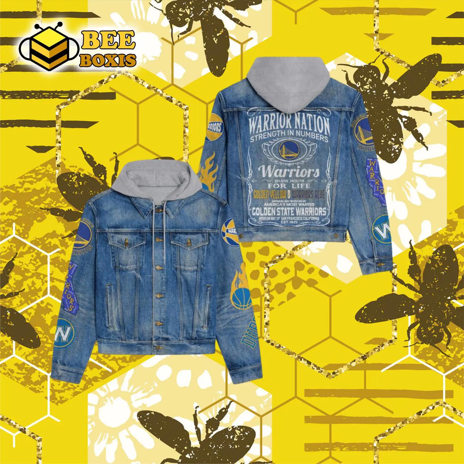 Warrior nation strength in numbers warriors smash mouth hooded denim jacket.png