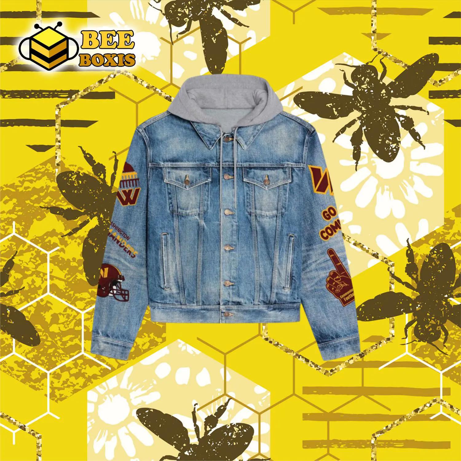 Washington commanders take command baseball character design hooded denim jacket.png