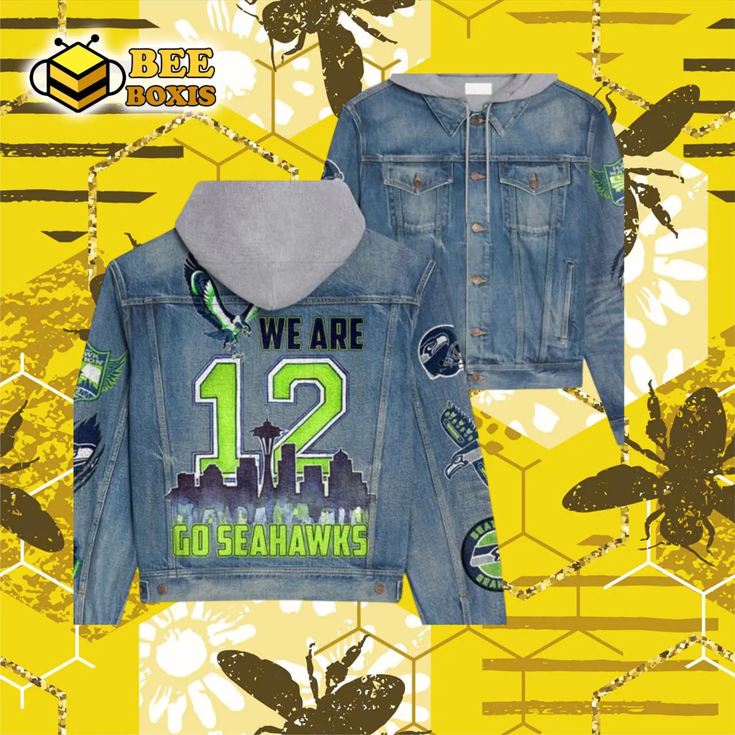 We are 12 go seahawks hooded denim jacket.png