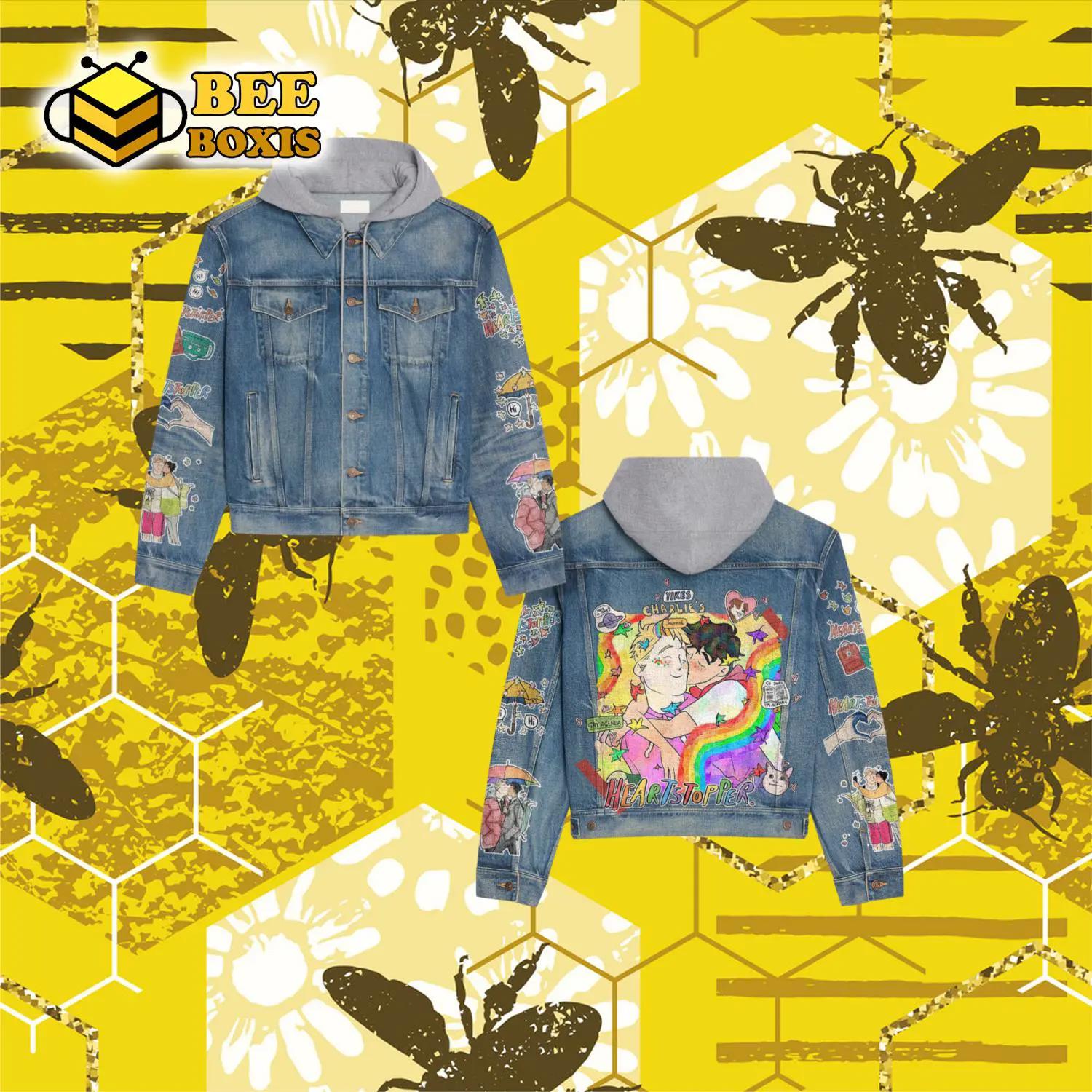 Yikes charlies heartstopper rainbow design hooded denim jacket.png