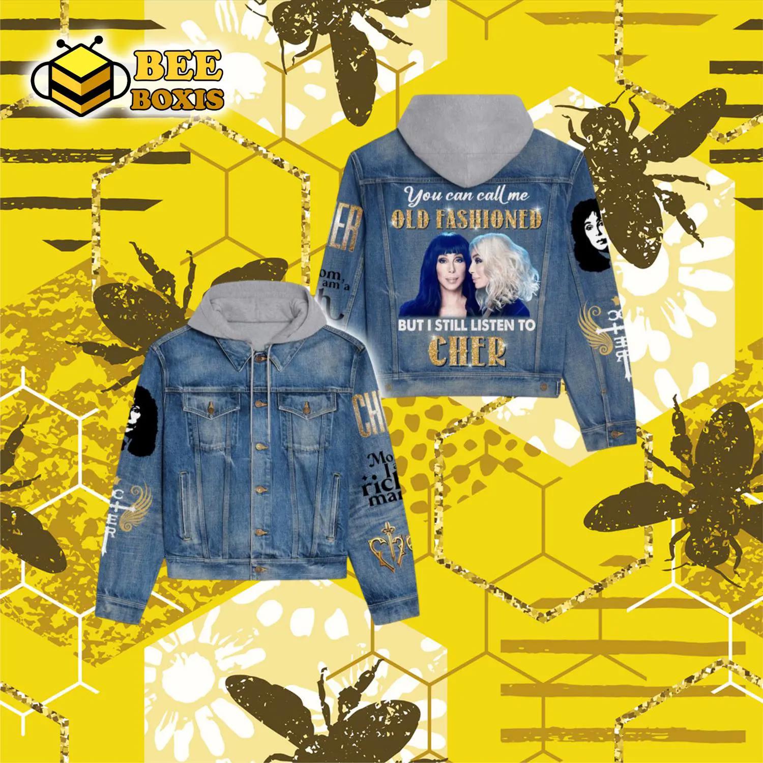 You can call me old fahsioned but i still listen to cher portrait design hooded denim jacket.png