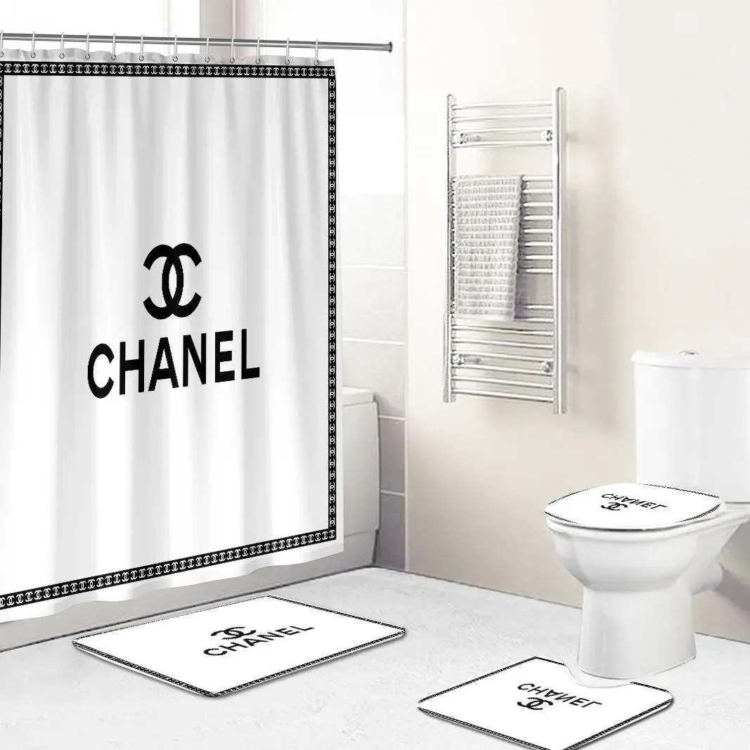 Chanel shower curtain white and black framed luxury bathroom set #bathroom#shower#home decor
