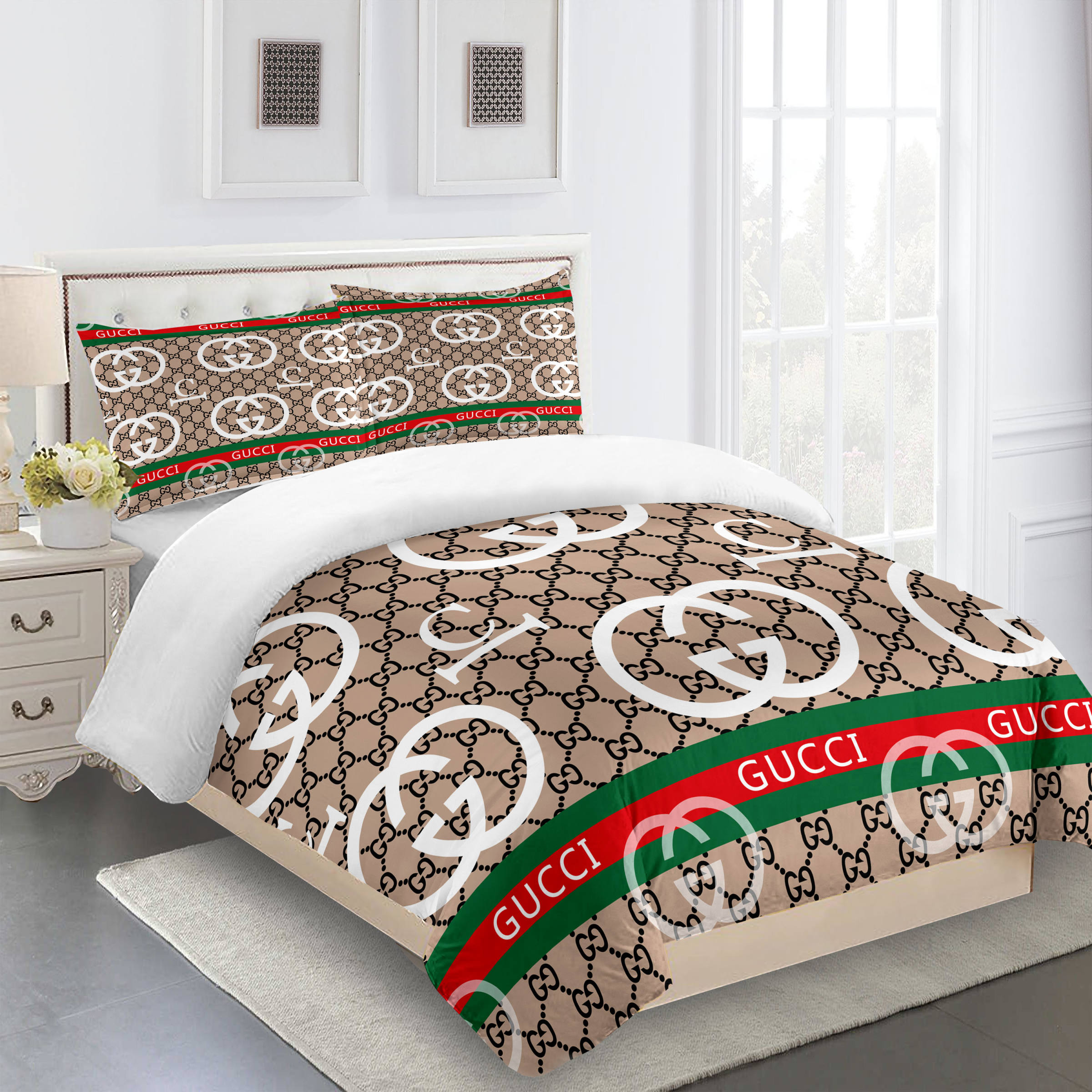 Gucci bedding set beige green red luxury bed sheets bdslux