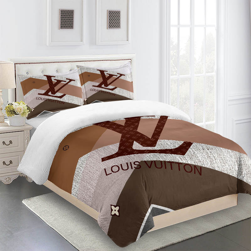 Comforter sets striped beige logo full louis vuitton bedding set bdslux