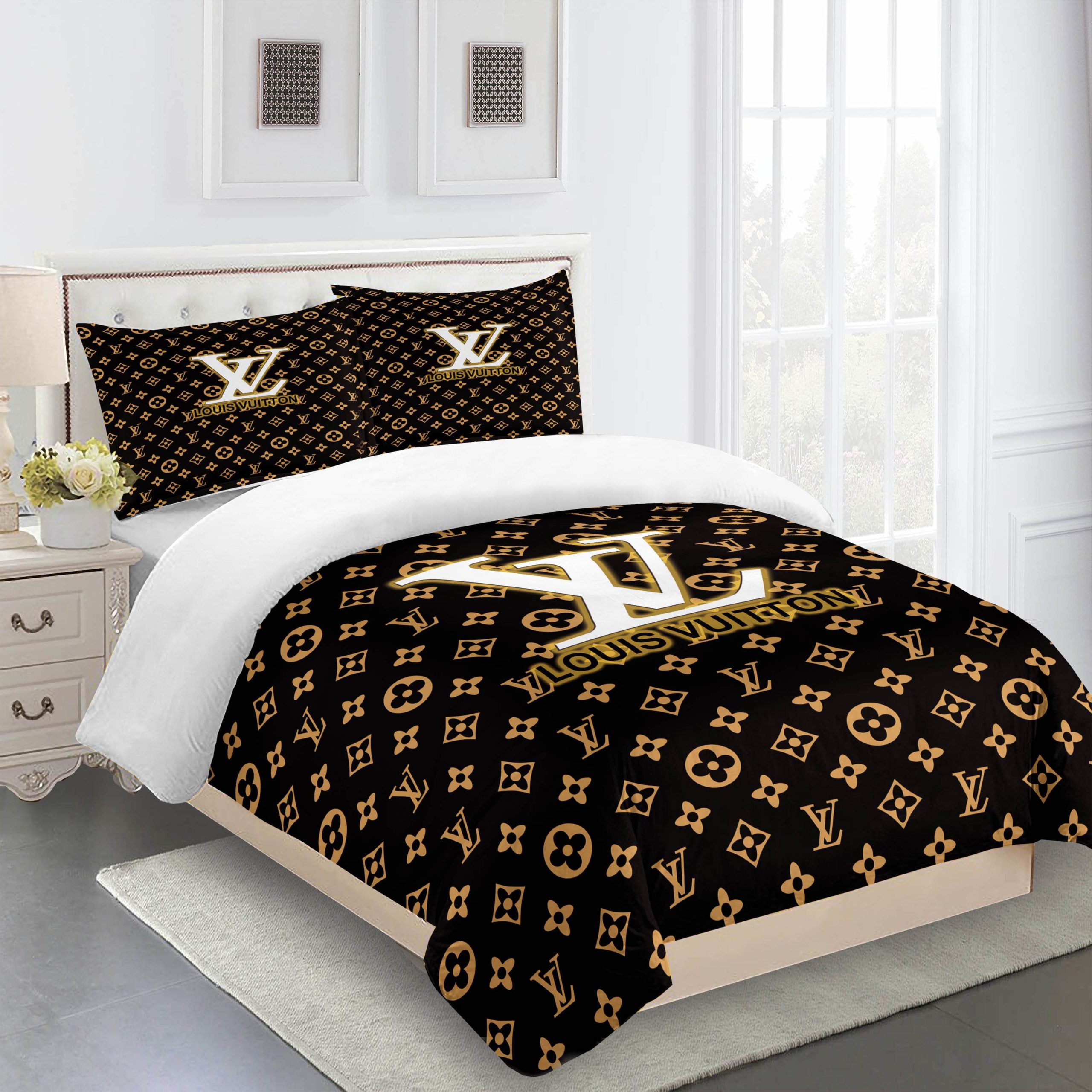 Comforter sets golden logo white full louis vuitton bedding set bdslux