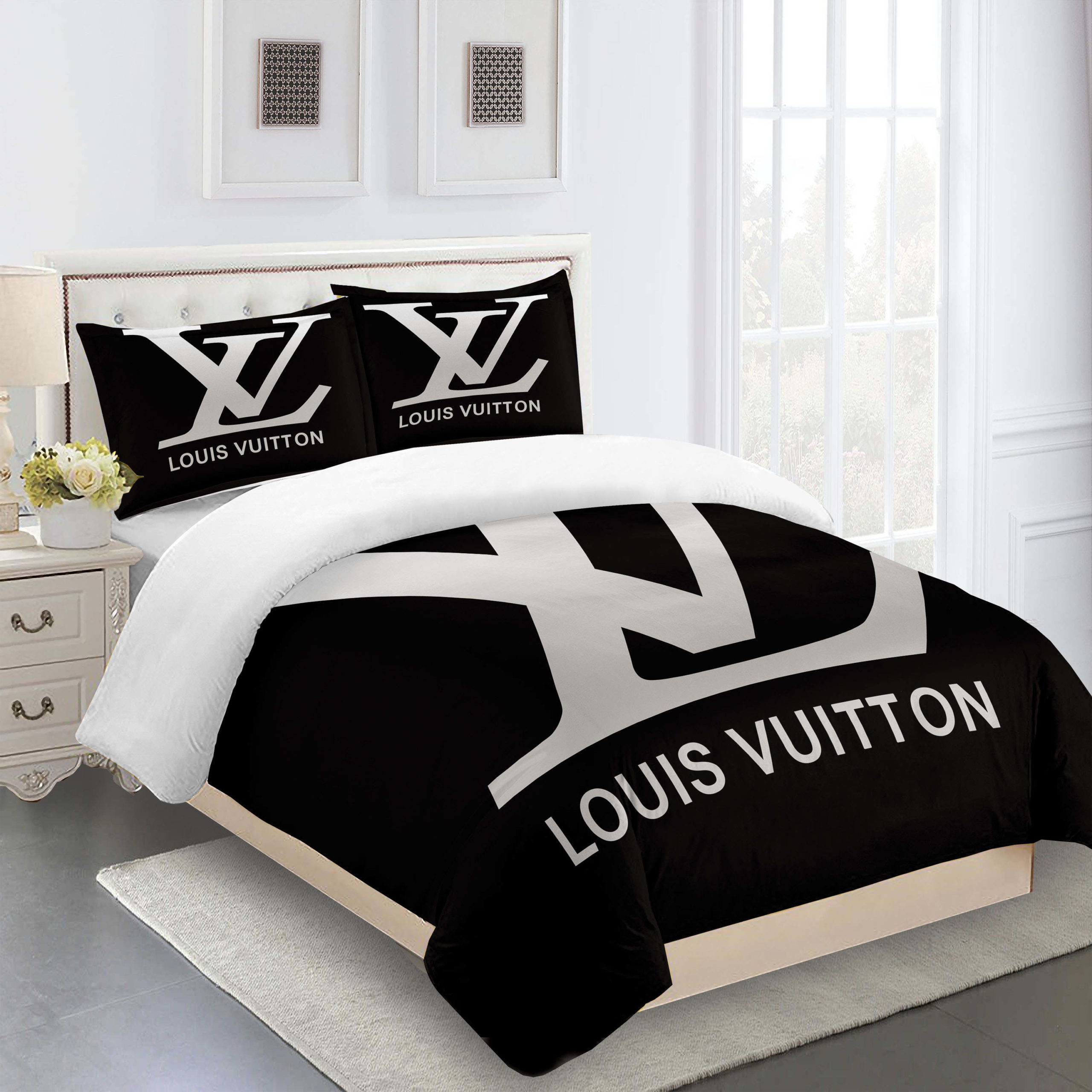 Comforter sets golden black logo louis vuitton bedding set bdslux