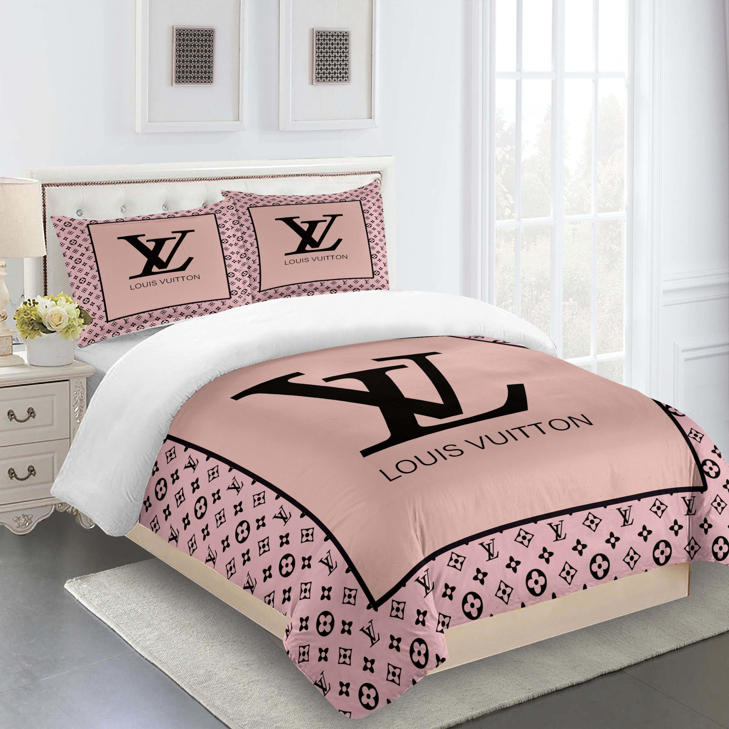 Comforter sets full pink and black louis vuitton bedding set bdslux