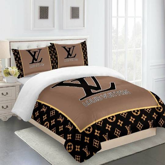 Comforter sets dark beige black full louis vuitton bedding set bdslux