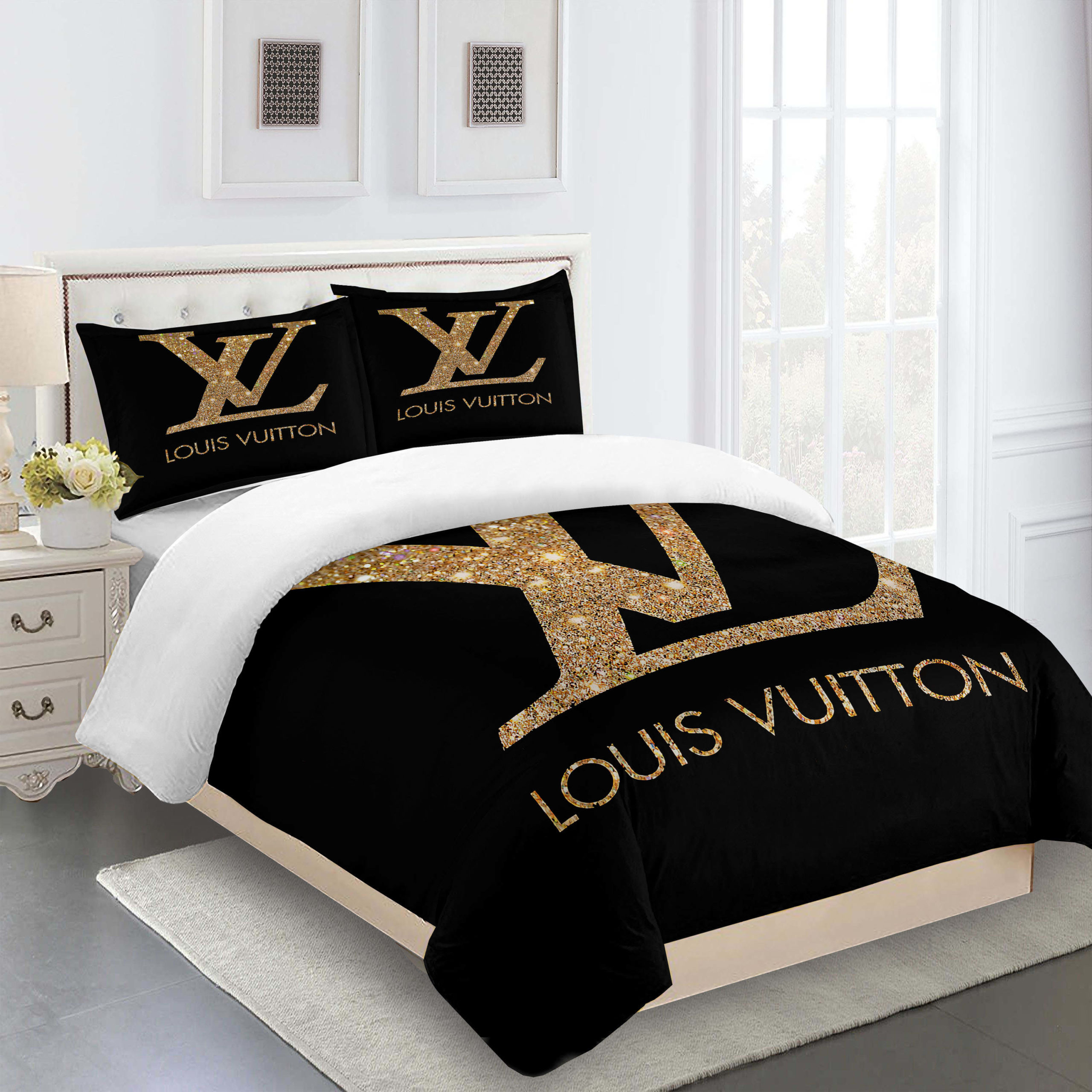 Comforter sets black dark beige full louis vuitton bedding set bdslux