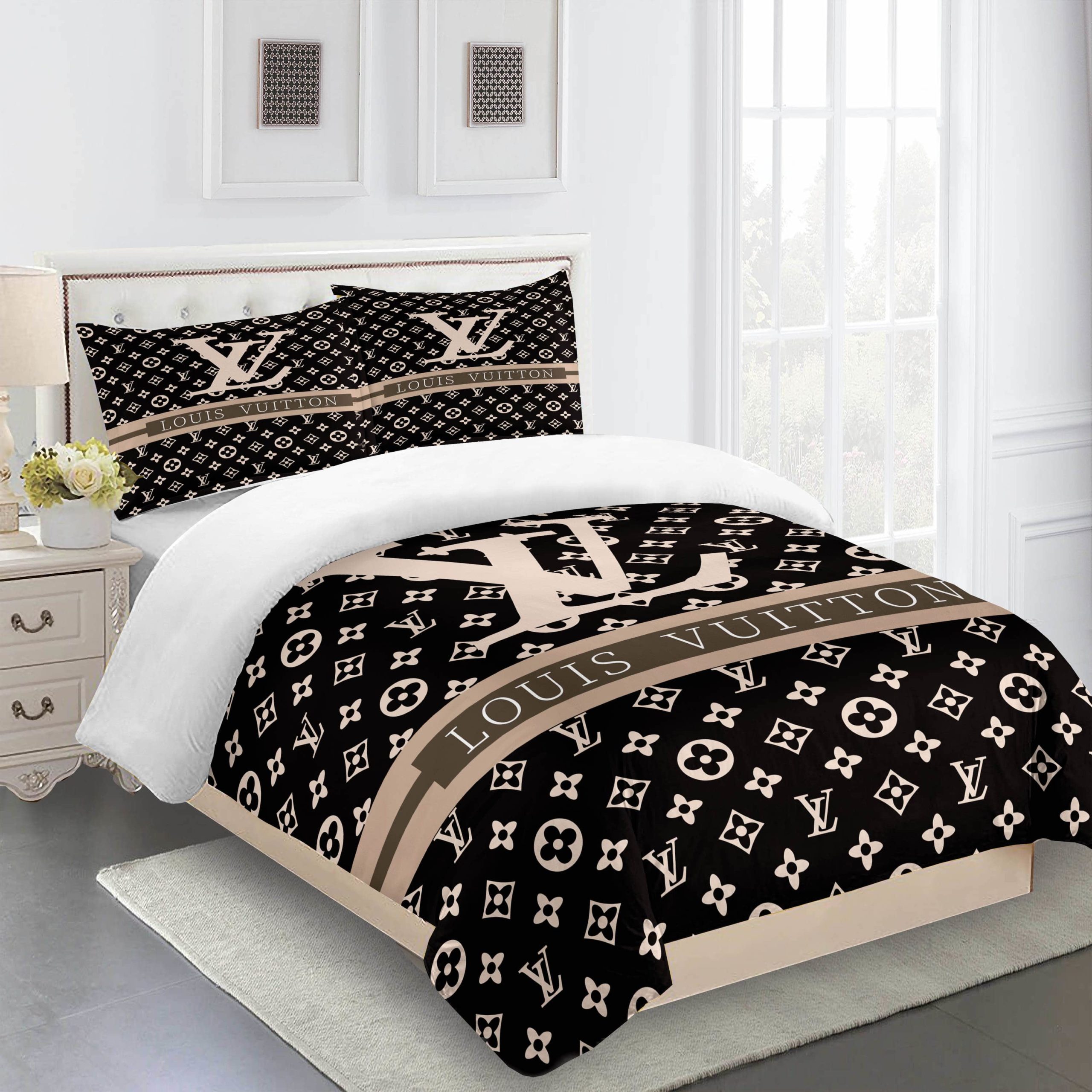 Comforter sets beige brown louis vuitton bedding set bdslux