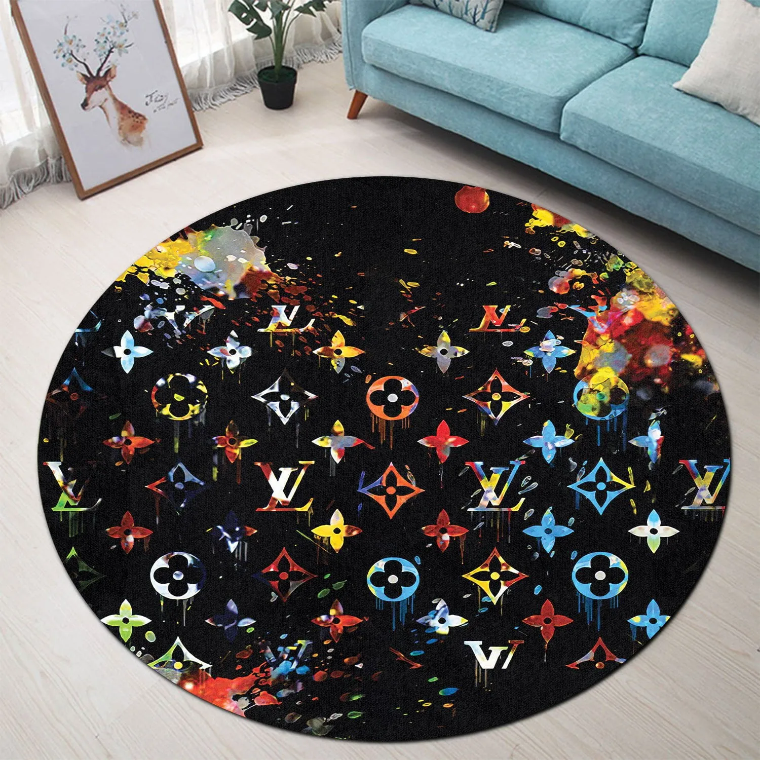 Louis vuitton colorful black luxury brand fashion round rug carpet home decor special gift