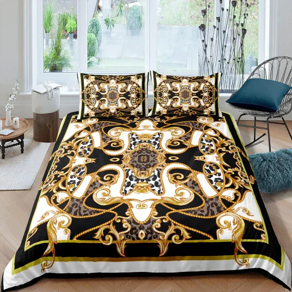 Mixed Baroque Gold Black & White Luxury Duvet Cover Set Aesthetic Bedding Set Full Victorian Decor, King Duvet Cover Queen Duvet