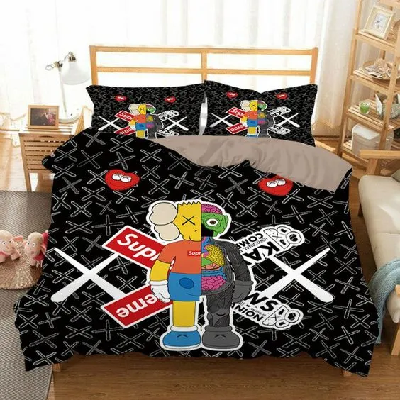Kaws x Supreme In Black Background Bedding Set