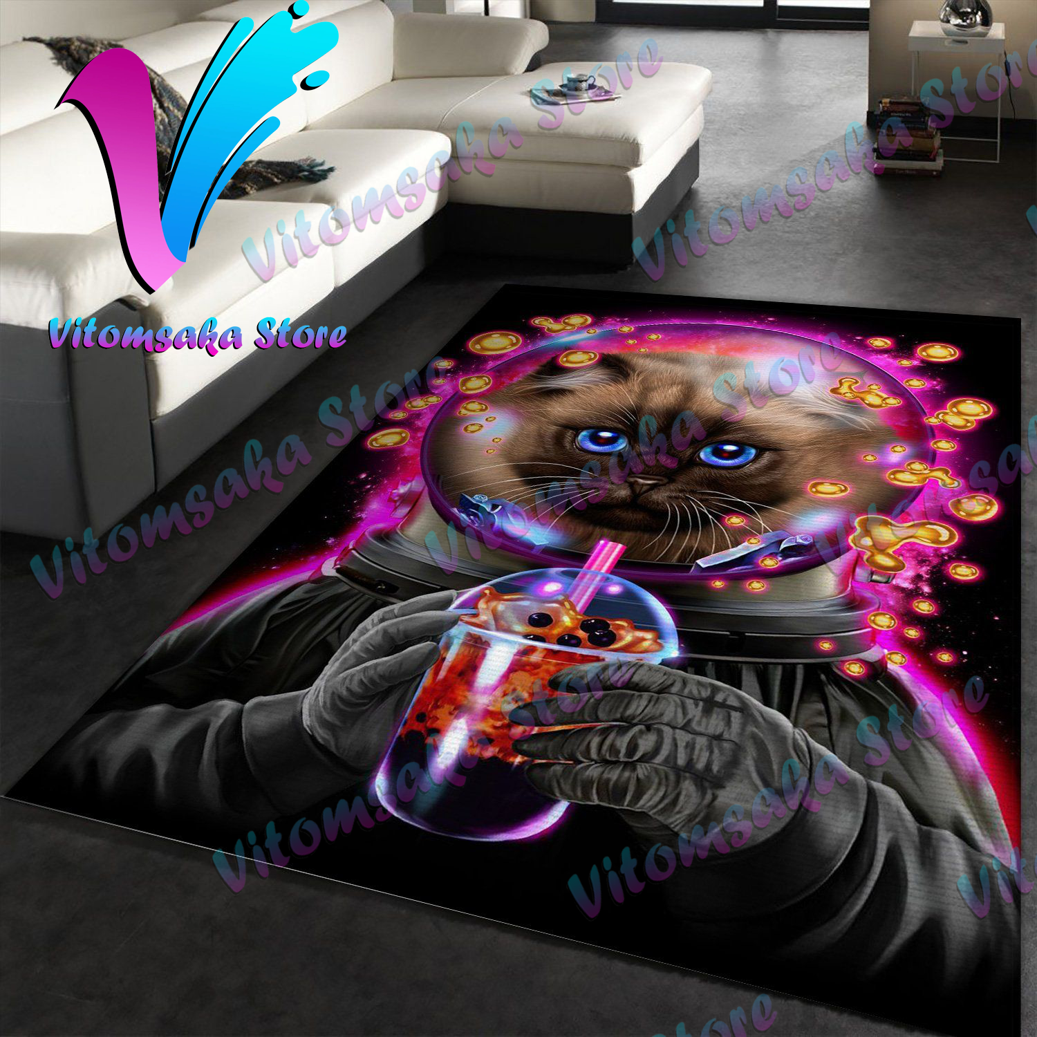 Astronaut Cat Bubble Tea Area Rug For Christmas Bedroom Floor Decor Home Decor #Rug#carpet#Homedecor