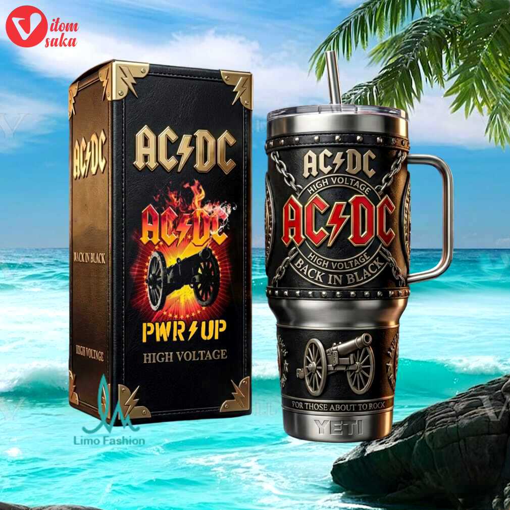 Acdc high voltage back in black cannon logo heavy metal stainless steel insulated tumbler