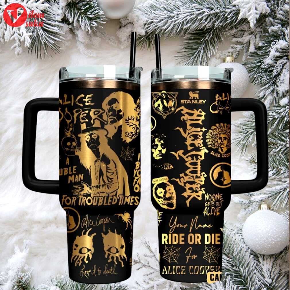Alice cooper 40oz black gold tumbler with handle and straw, stainless steel insulated rock band travel mug