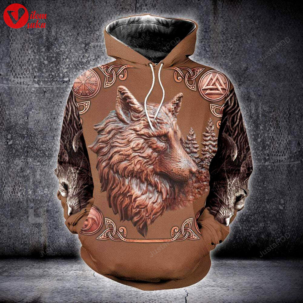 Amazing wolf sculpture wooden brown 3d all print hoodie, zip- up hoodie