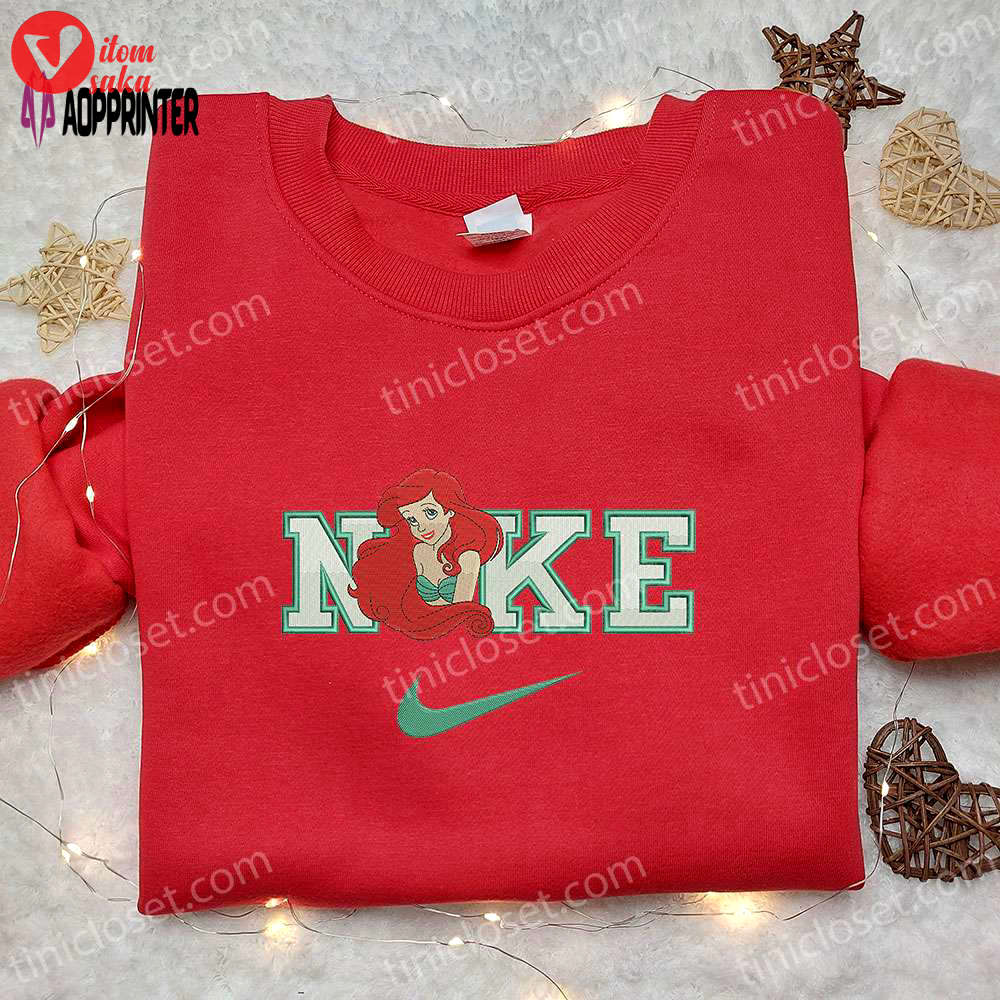 Ariel x nike cartoon embroidered shirt: unique little mermaid inspired nike tee