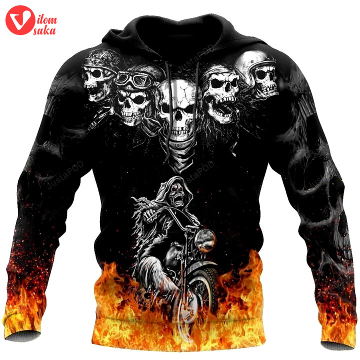 Biker skulls on the fire 3d all over print hoodie, zip-up hoodie