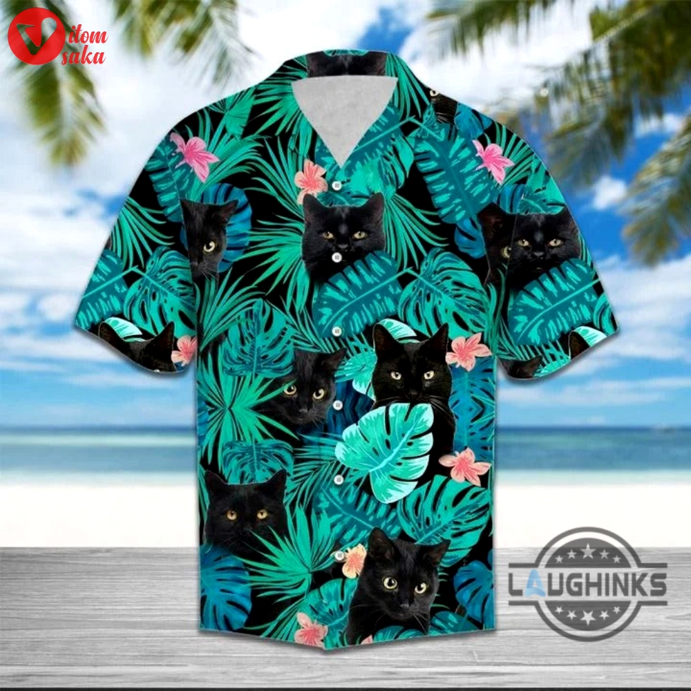 Black cat tropical hawaiian shirt aloha summer beach button up shirts and shorts new