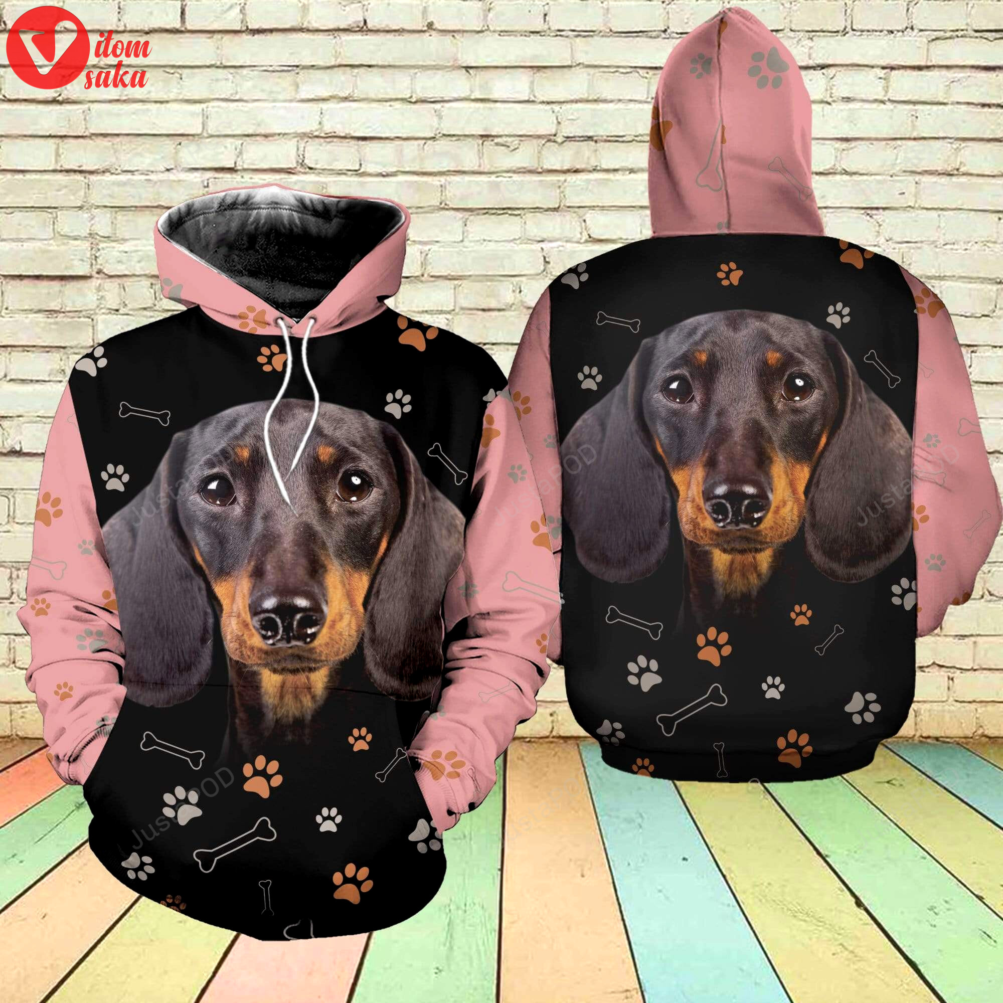 Black pink dachshund 3d all print hoodie, zip- up hoodie