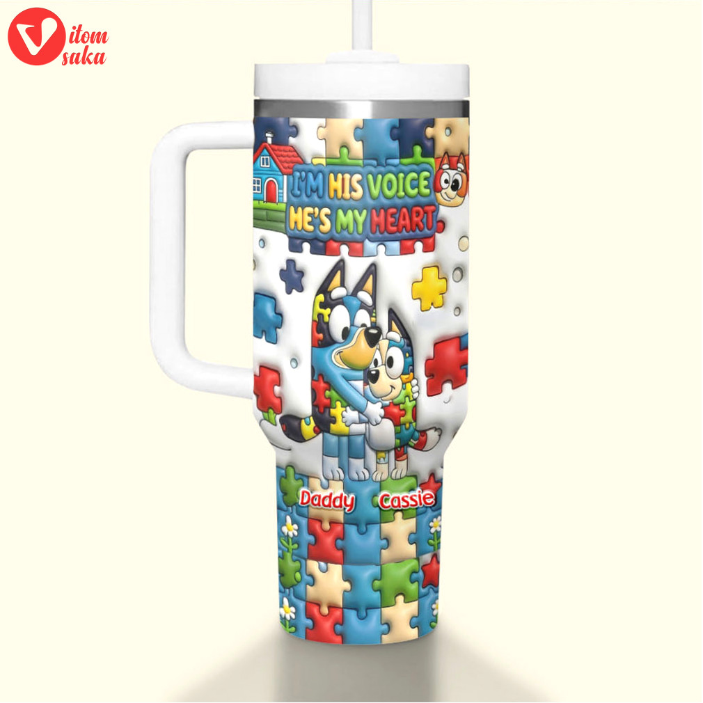 Bluey & bingo autism awareness “i’m his voice” personalized puzzle tumbler