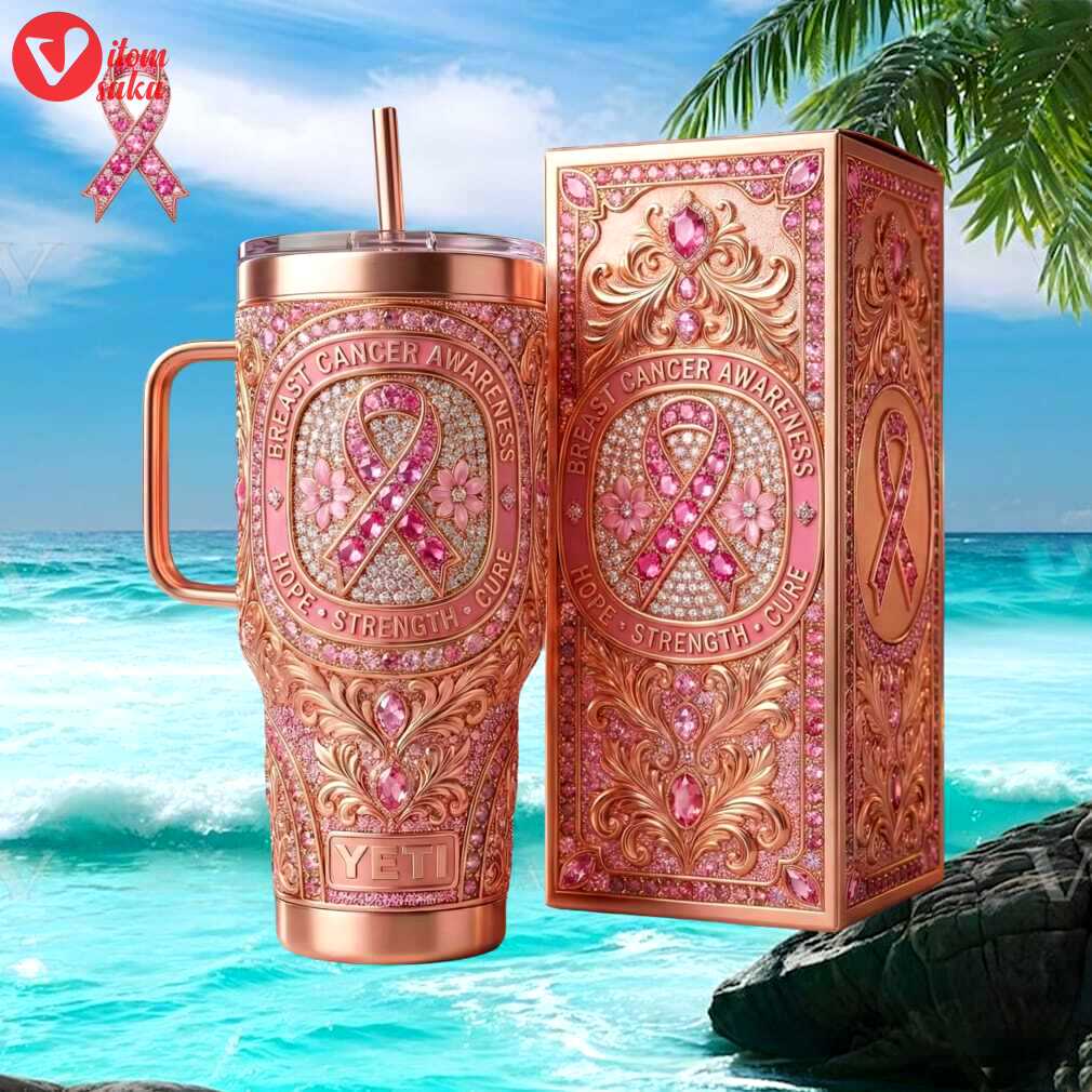 Breast cancer awareness hope strength cure pink ribbon 3d floral jeweled tumbler