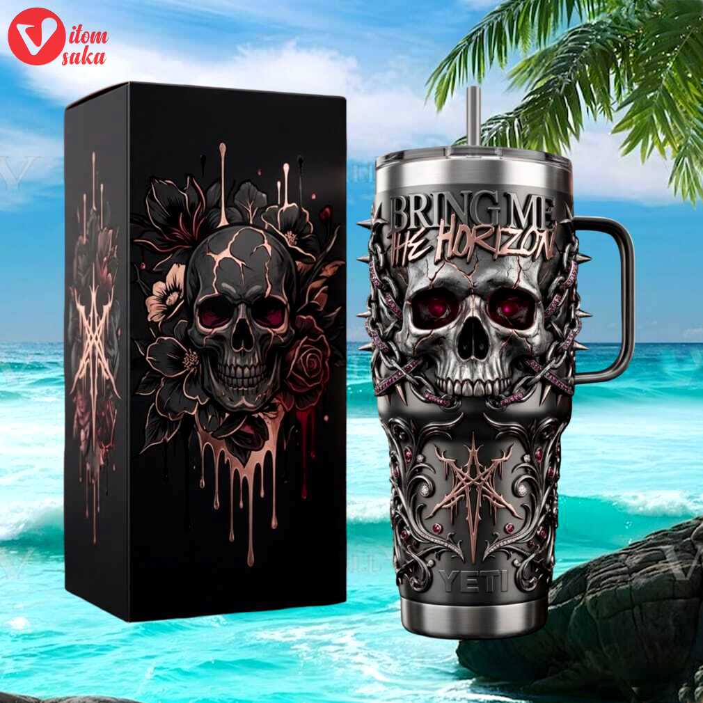 Bring me the horizon gothic skull & roses heavy metal anniversary black yeti tumbler