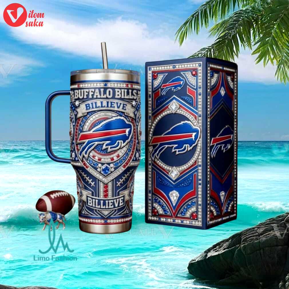 Buffalo bills billieve nfl football fan diamond edition blue silver stainless steel insulated tumbler