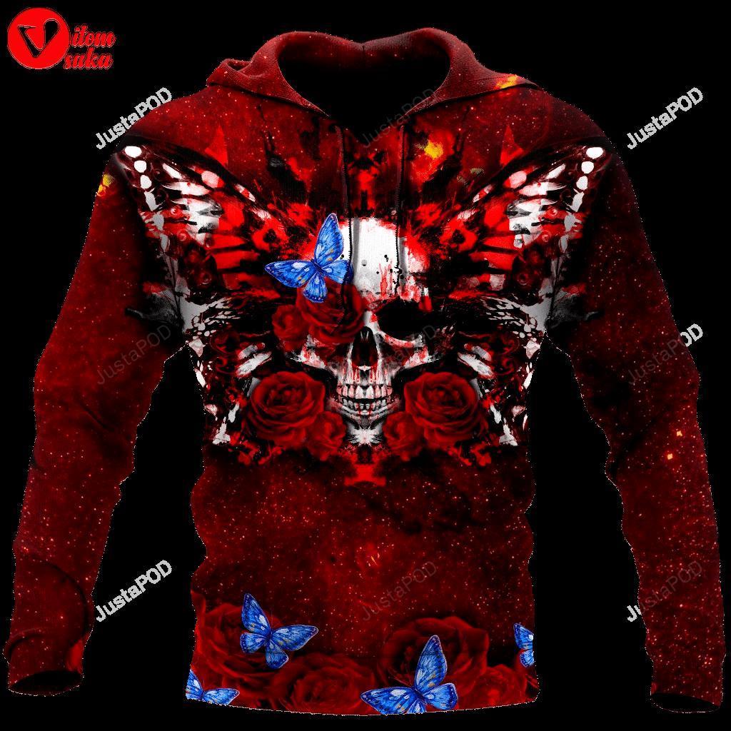 Butterfly love skull red 3d all over printed hoodie, zip- up hoodie