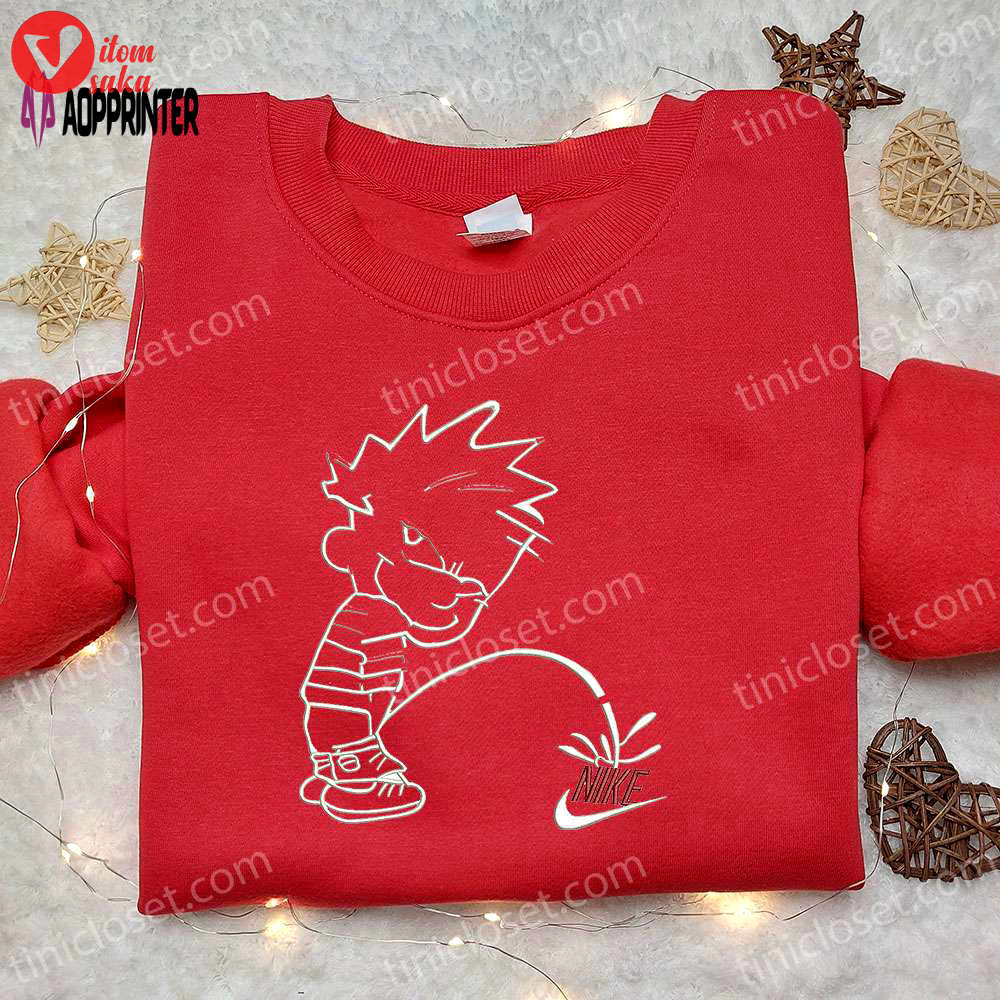 Calvin peeing on nike logo embroidered shirt & hoodie – best nike inspired gift ideas