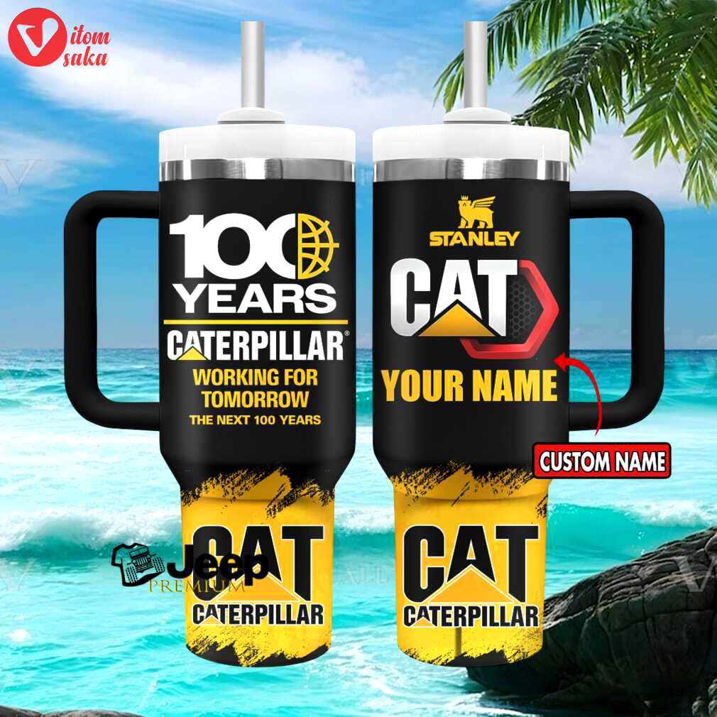 Caterpillar cat 100 years anniversary logo custom name heritage black style 40oz stainless steel insulated tumbler