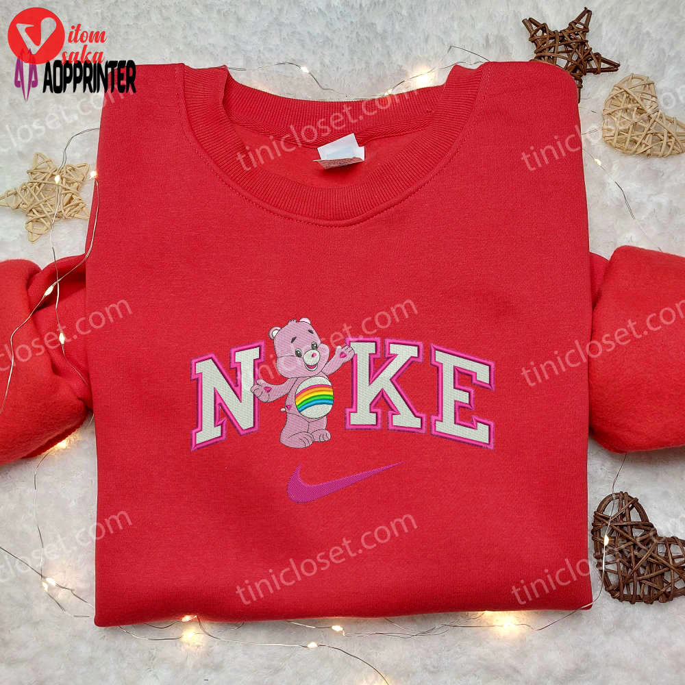 Cheer bear x nike embroidered shirt: cute cartoon care bear design for nike fans