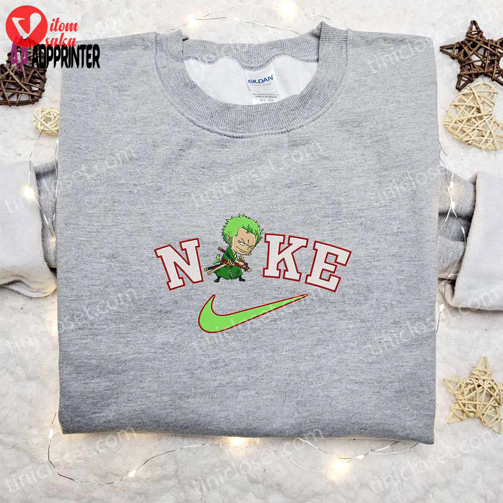 Chibi roronoa zoro x nike anime embroidered sweatshirt: one piece & nike inspired hoodie