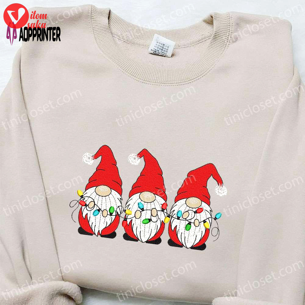 Christmas embroidered sweatshirt: three little gnomes with lights – perfect gift idea!