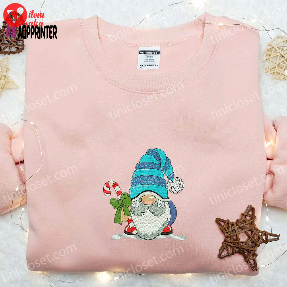 Christmas gift ideas: gnome with candy cane embroidered hoodie & t-shirt