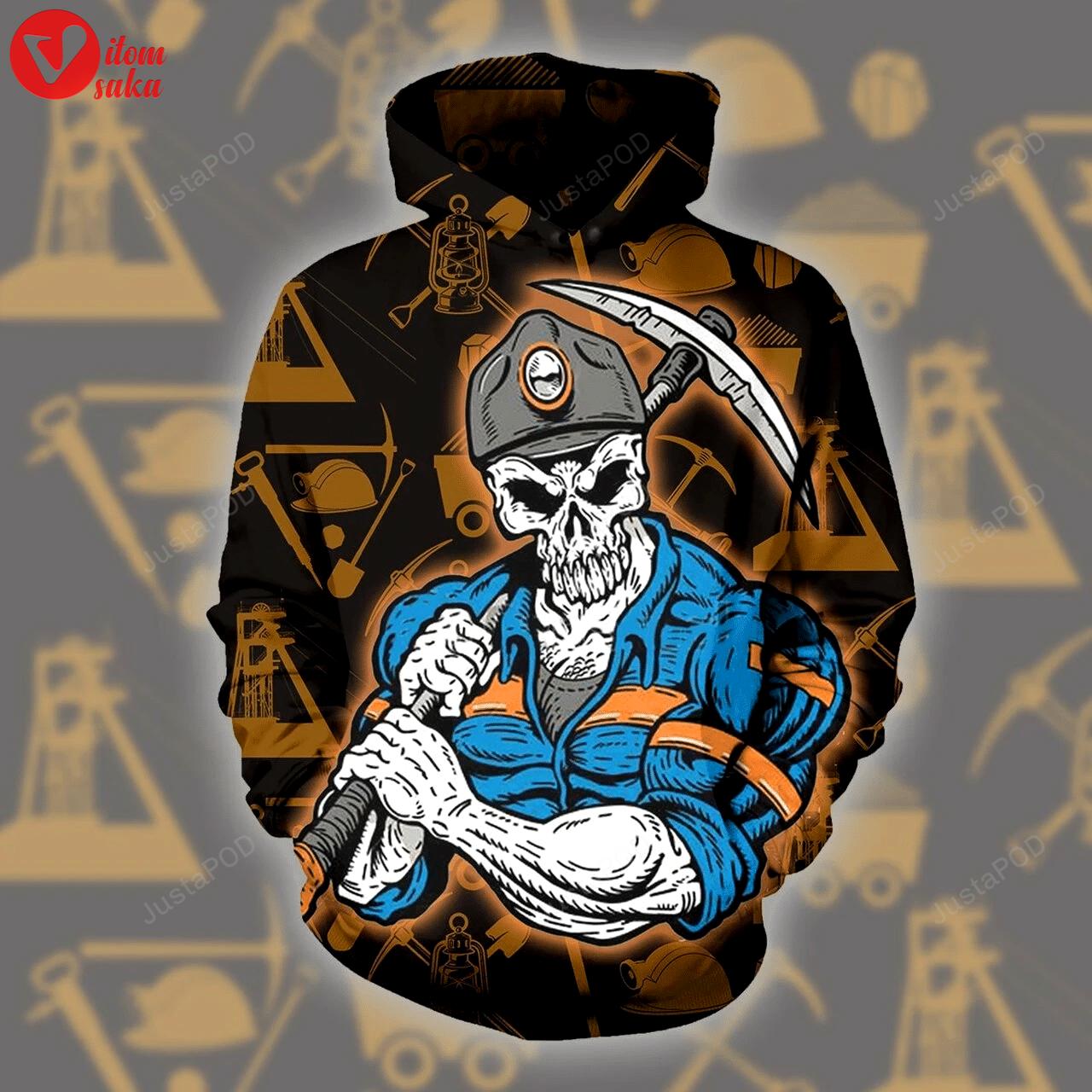 Coal miner skull walking 3d all over printed hoodie, zip- up hoodie
