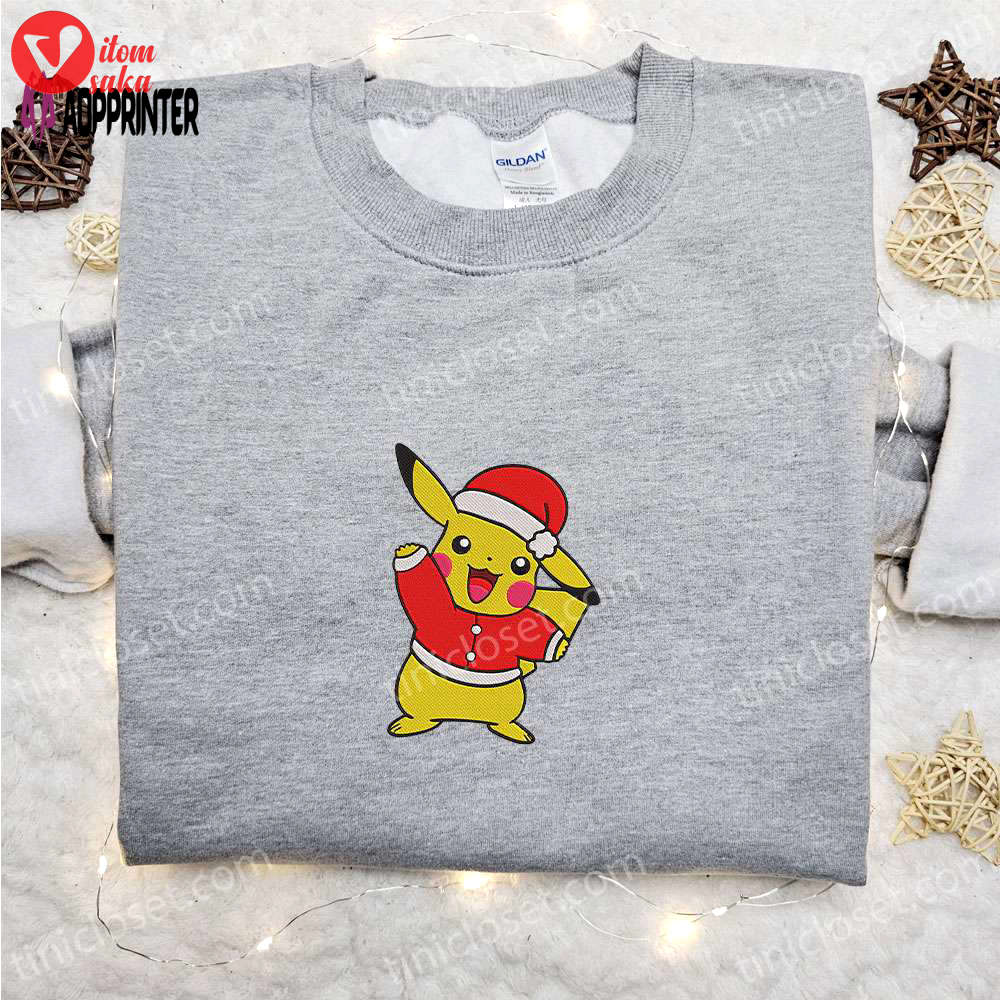 Cute pikachu christmas embroidered t-shirt – best pokemon gift idea for christmas