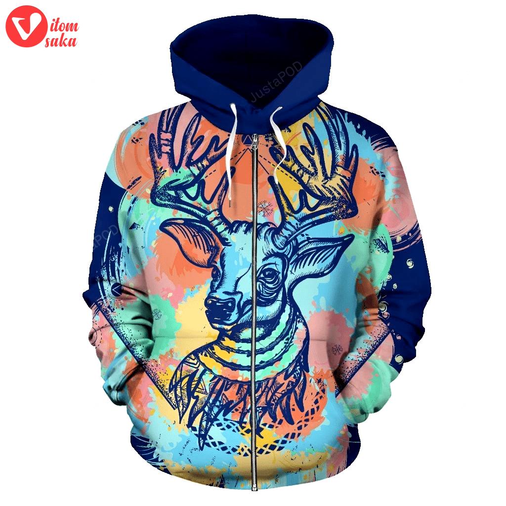 Deer 3d all over printed hoodie, zip- up hoodie