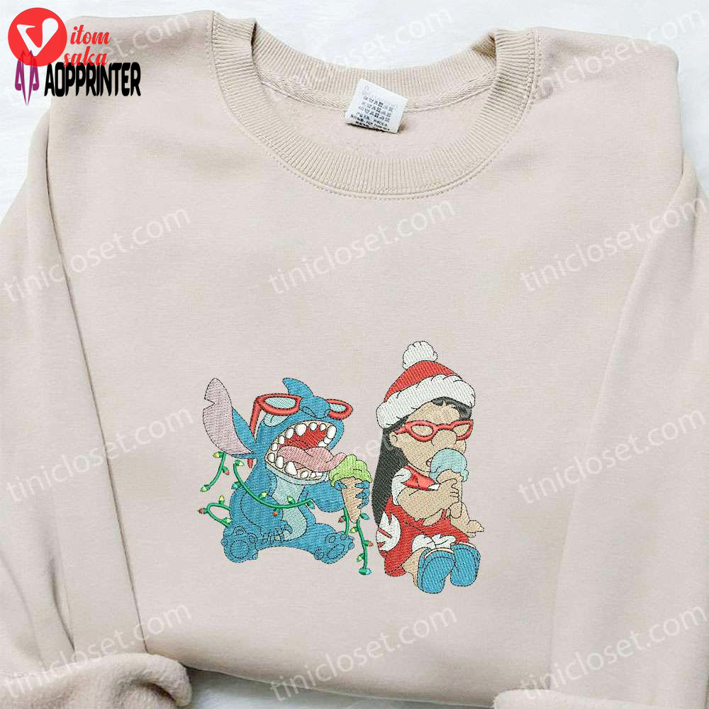 Disney lilo and stitch christmas embroidered shirt & hoodie: festive disney characters eating ice-cream – limited edition