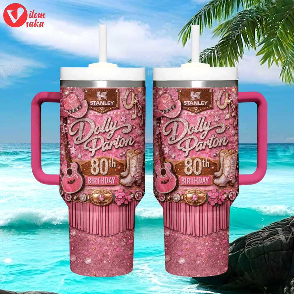 Dolly parton 80th birthday pink glitter fringe stanley style tumbler