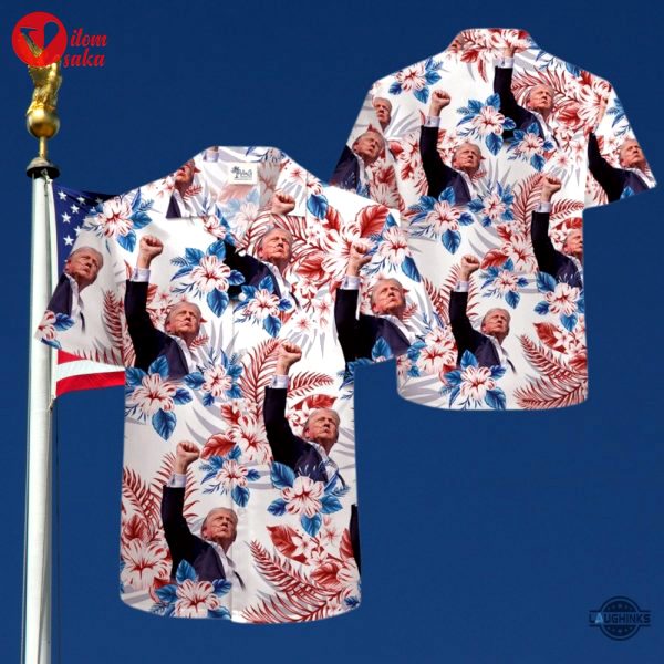 Donald trump fist pump hawaiian shirt 2024 trump still standing after assasination attempt tropical aloha button up shirts and shorts