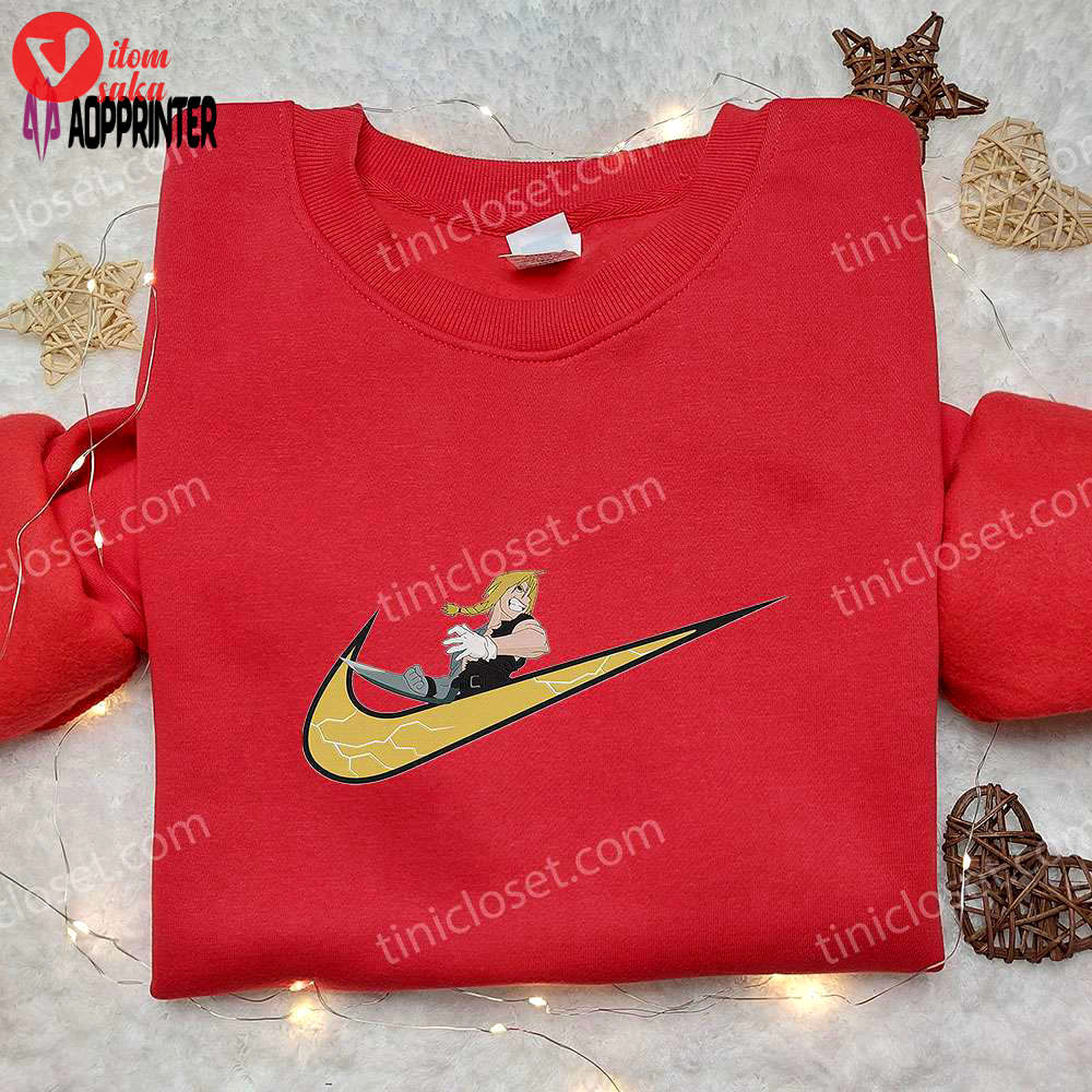 Edward elric x nike swoosh anime embroidered hoodie & fullmetal alchemist shirt – nike inspired embroidery