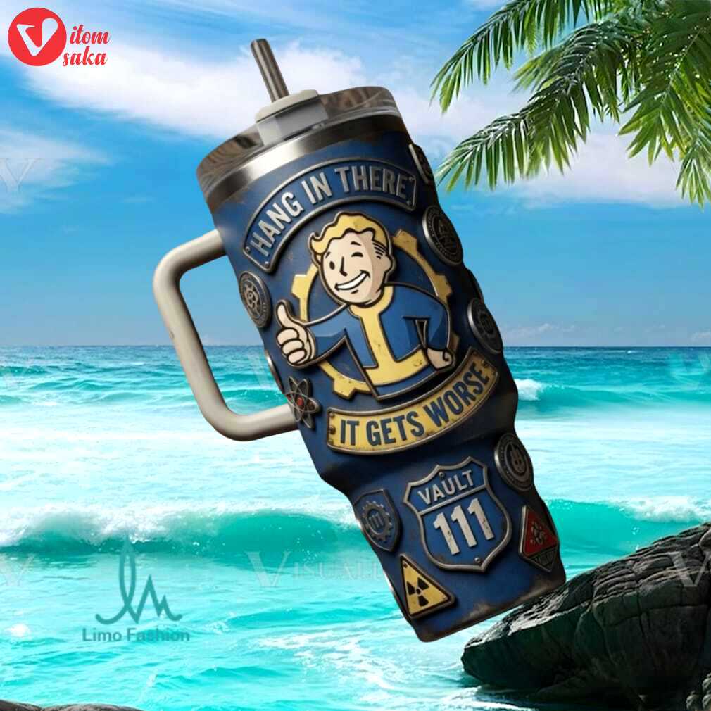 Fallout vault boy vault 111 hang in there retro gaming gift stainless steel insulated tumbler